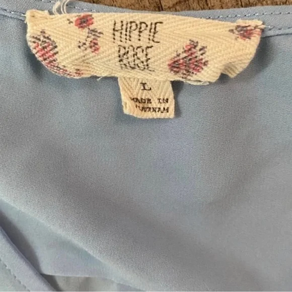 Hippie Rose V-Neck Tie Front Hi Low Blue Top Large - Picture 5 of 6